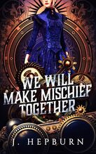 A woman in a blue Victorian dress stands behind steampunk cogs.